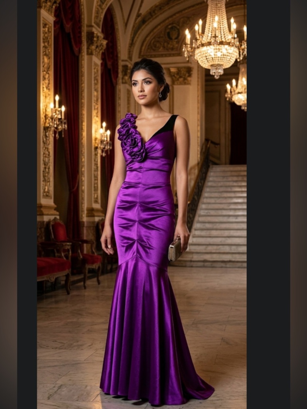 NWOT CACHE Vintage Purple Satin Mermaid
Gown with Rosette Detail Size 6